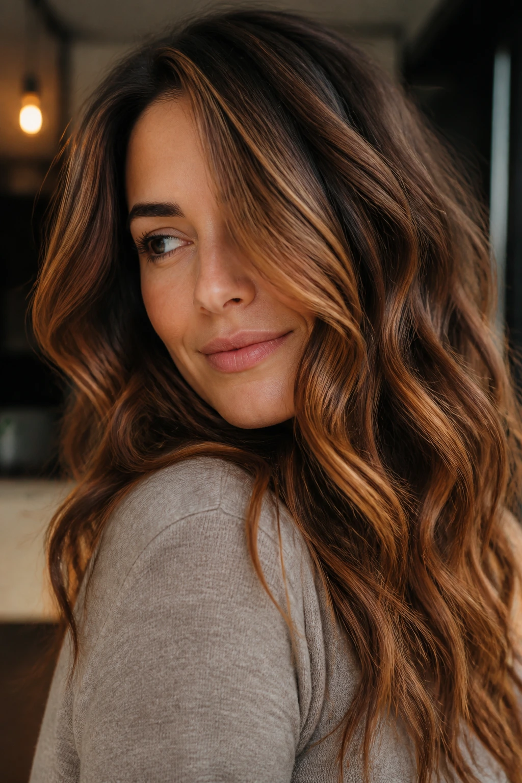 Close-up of a real person with cinnamon balayage swirls highlighting wavy hair in warm light