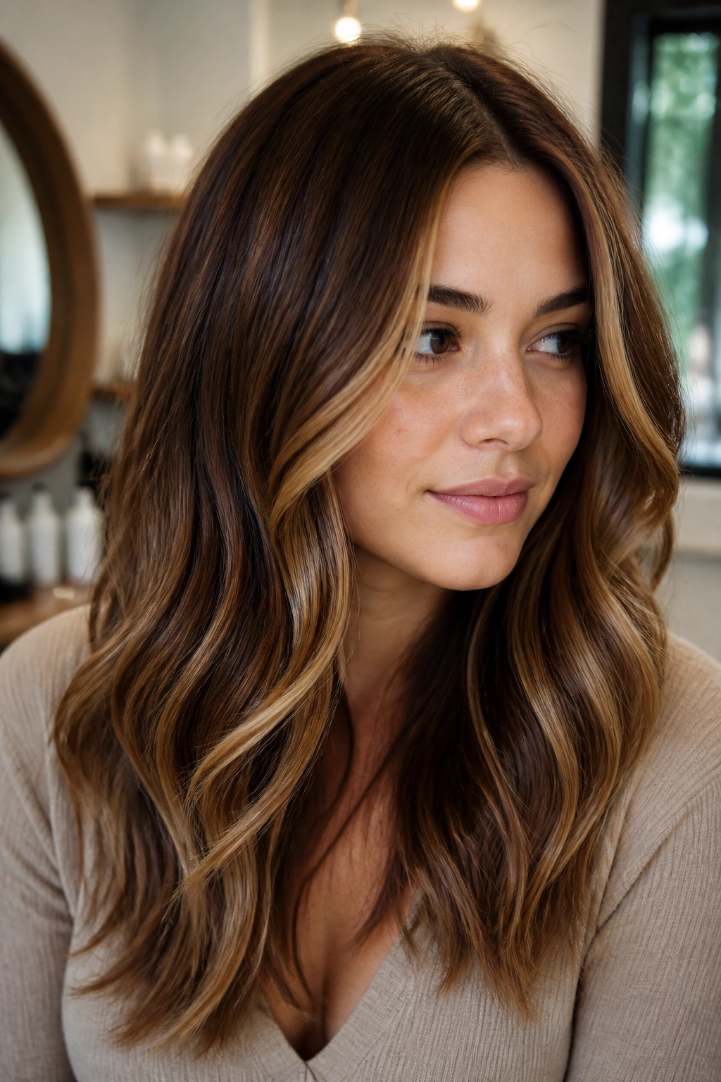 Portrait of a warm brunette with cinnamon toast balayage around the face