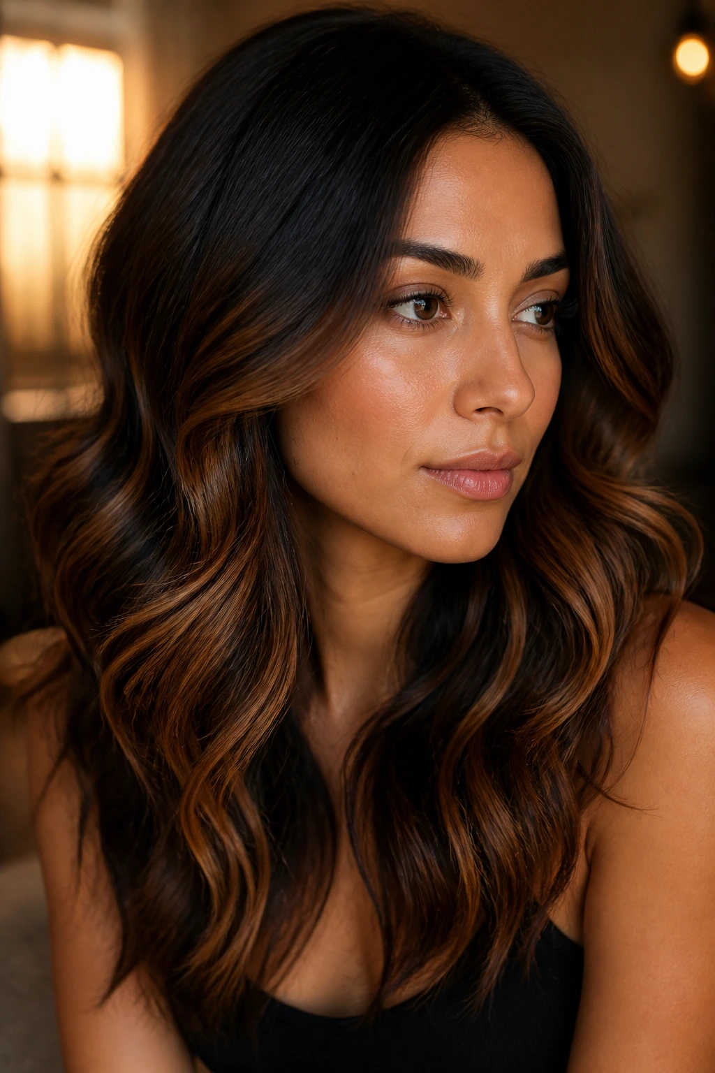 Close-up portrait of a real woman with cinnamon balayage on dark wavy hair.