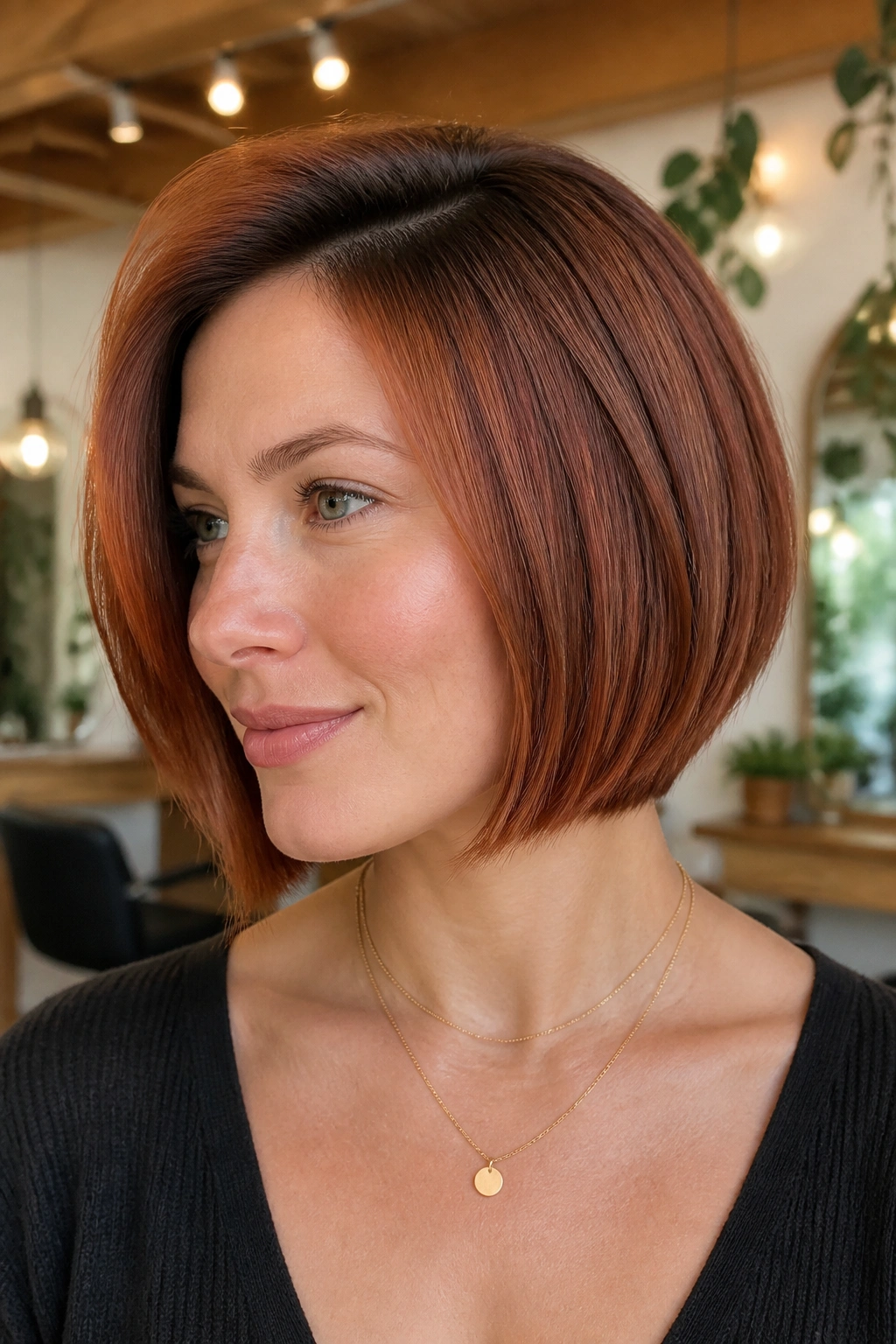Close-up of cinnamon bob with a soft shadow root on a real person.