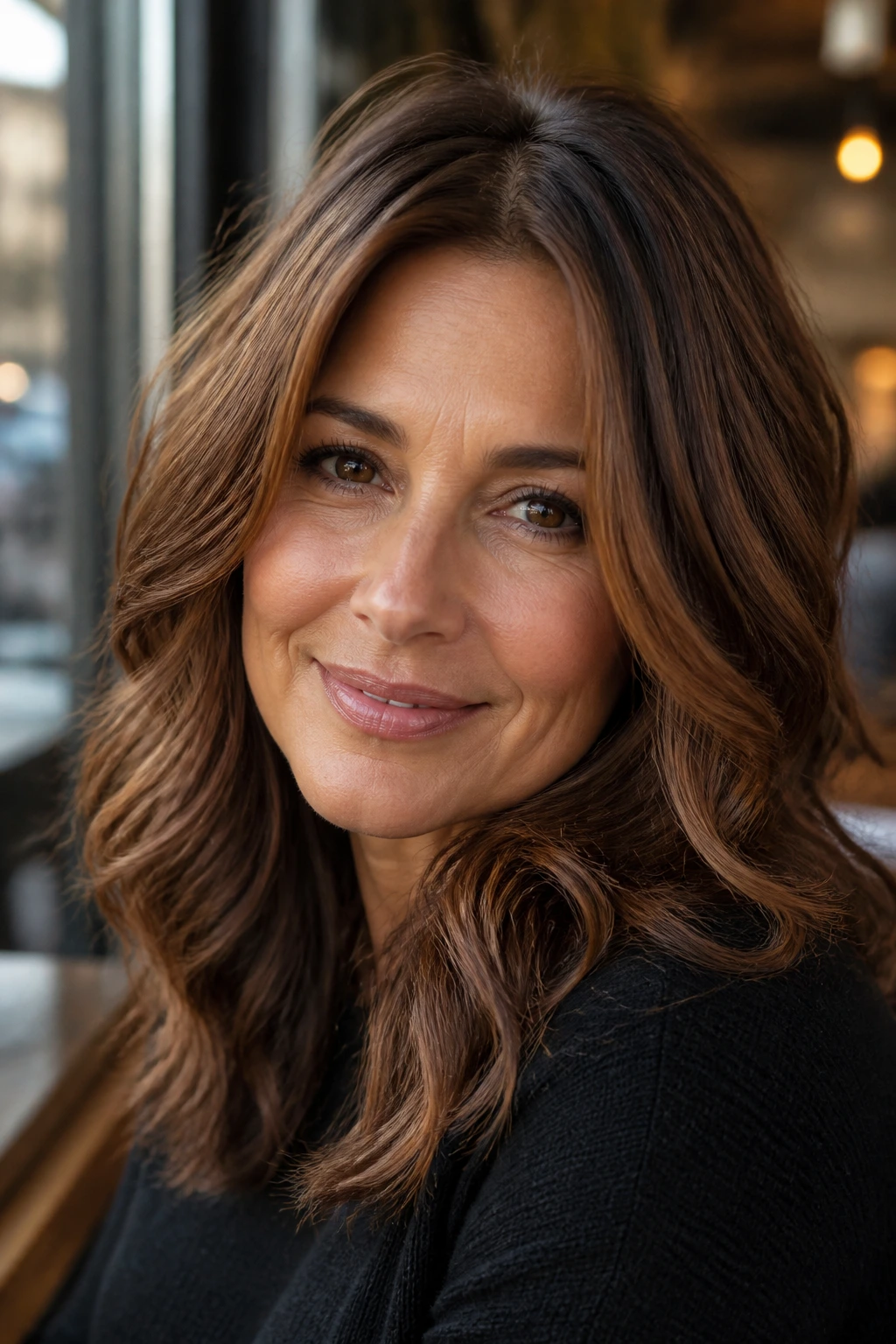 Close-up of a woman with cinnamon brown hair and copper whisper highlights