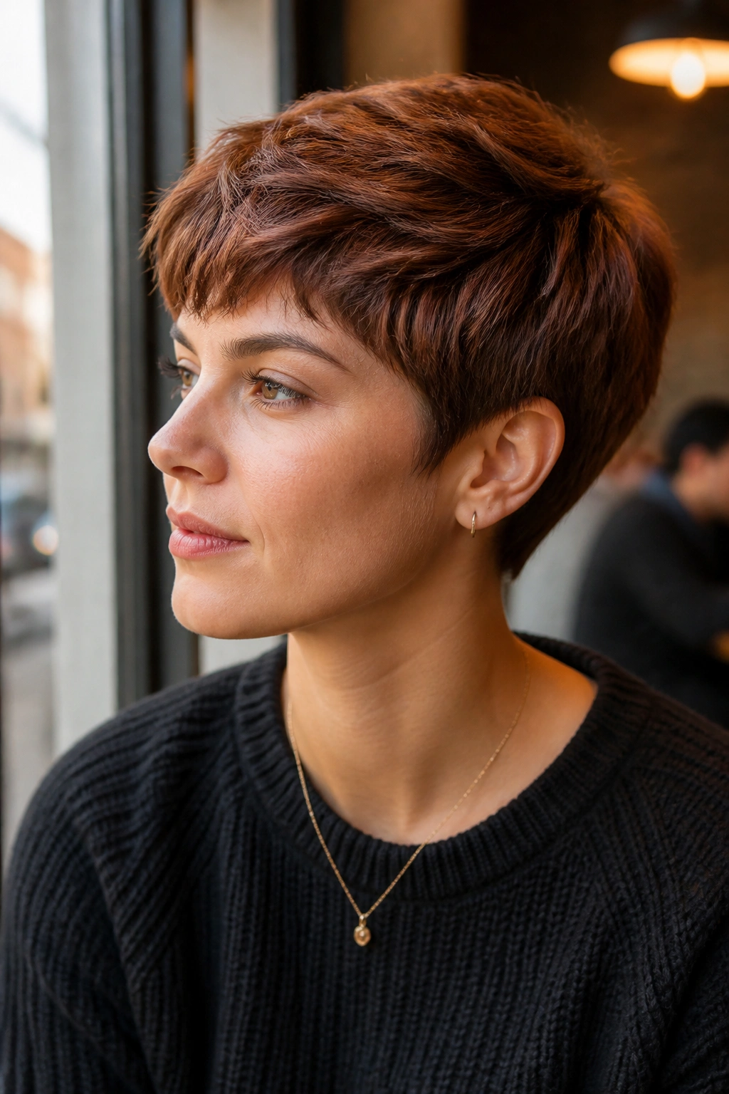 Close-up of a real person showing a cinnamon brown crop with warm red-brown highlights