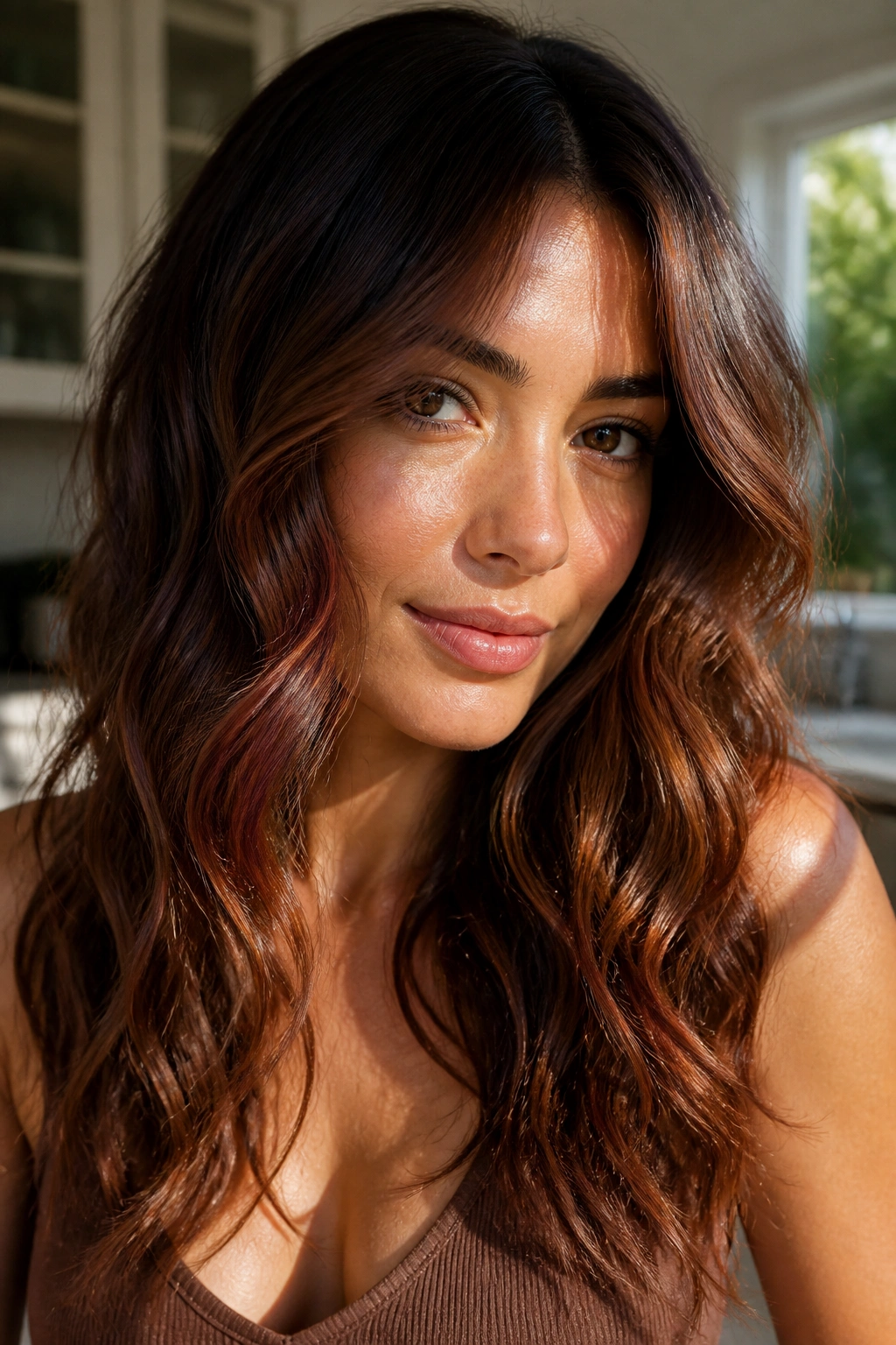 Close-up of a real woman with cinnamon brown glaze on warm wavy hair in sunlight