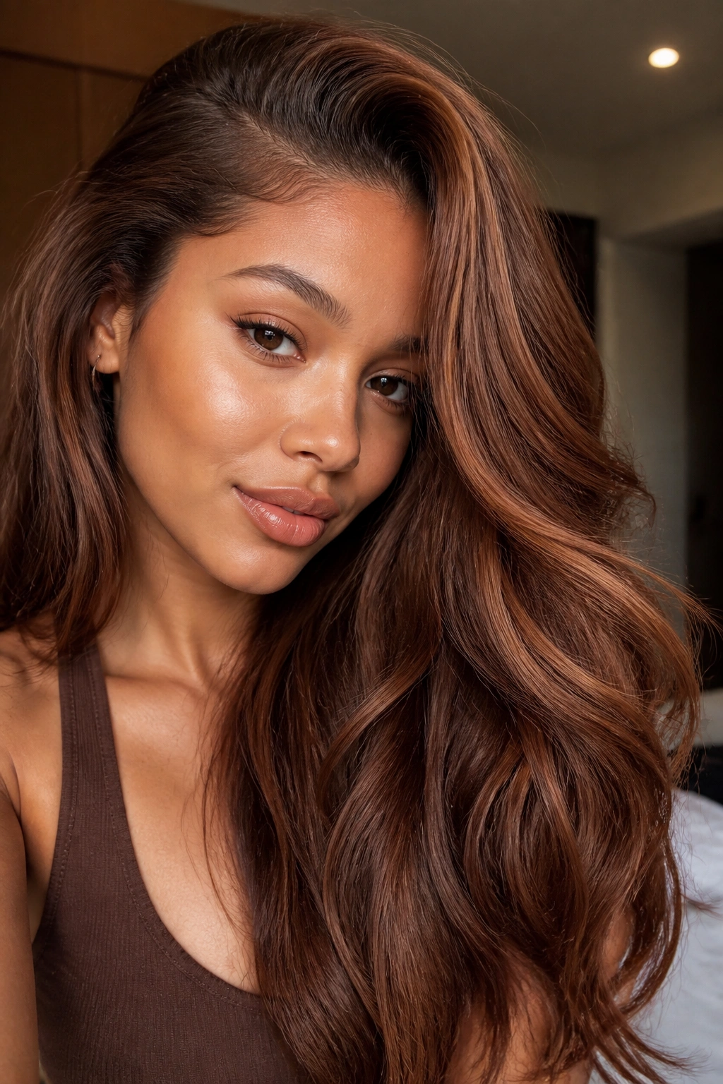 Close-up portrait of a real person with cinnamon brown hair under warm indoor light