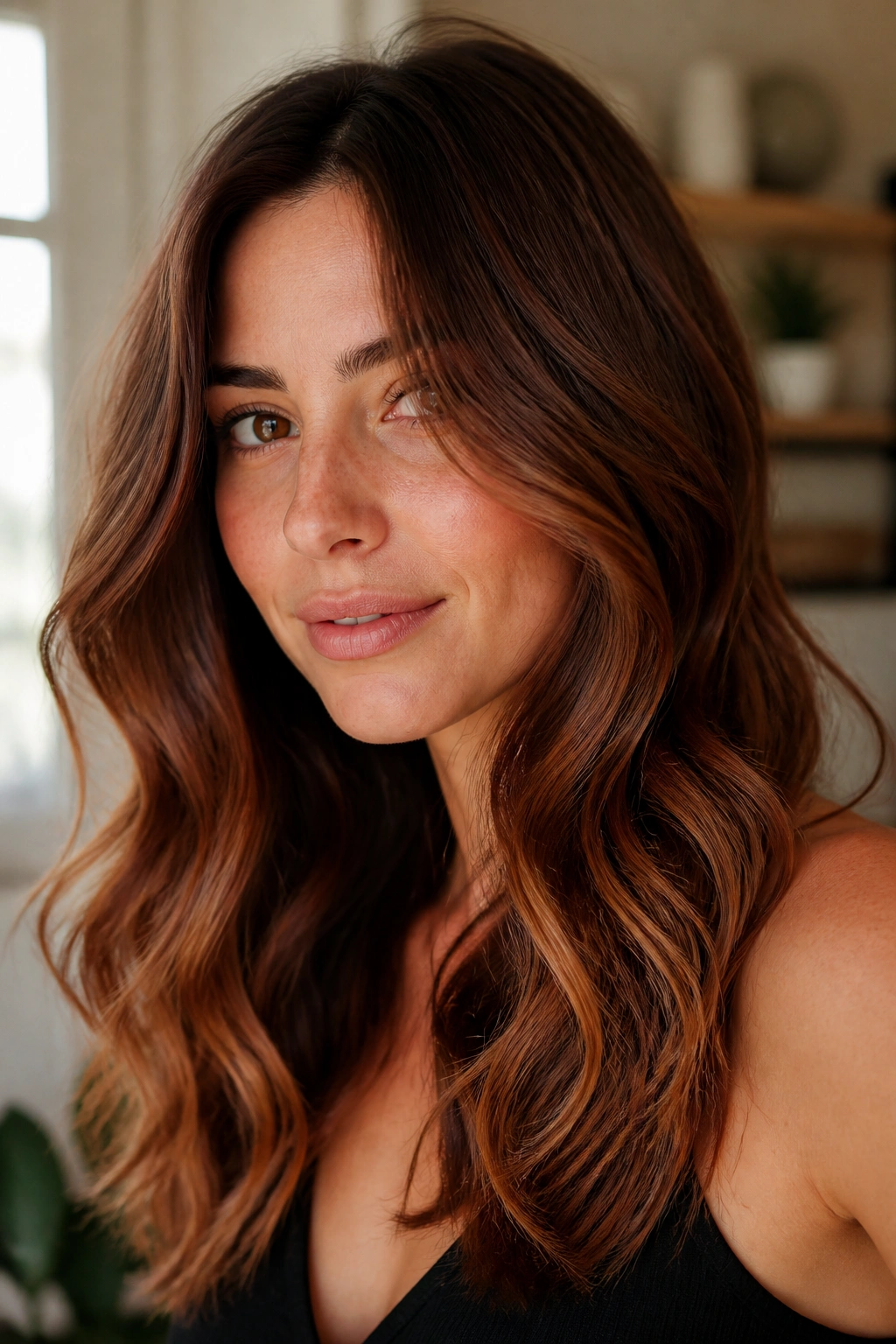 Close-up portrait of cinnamon brown hair with warm spice at the ends on a real person, wavy texture.