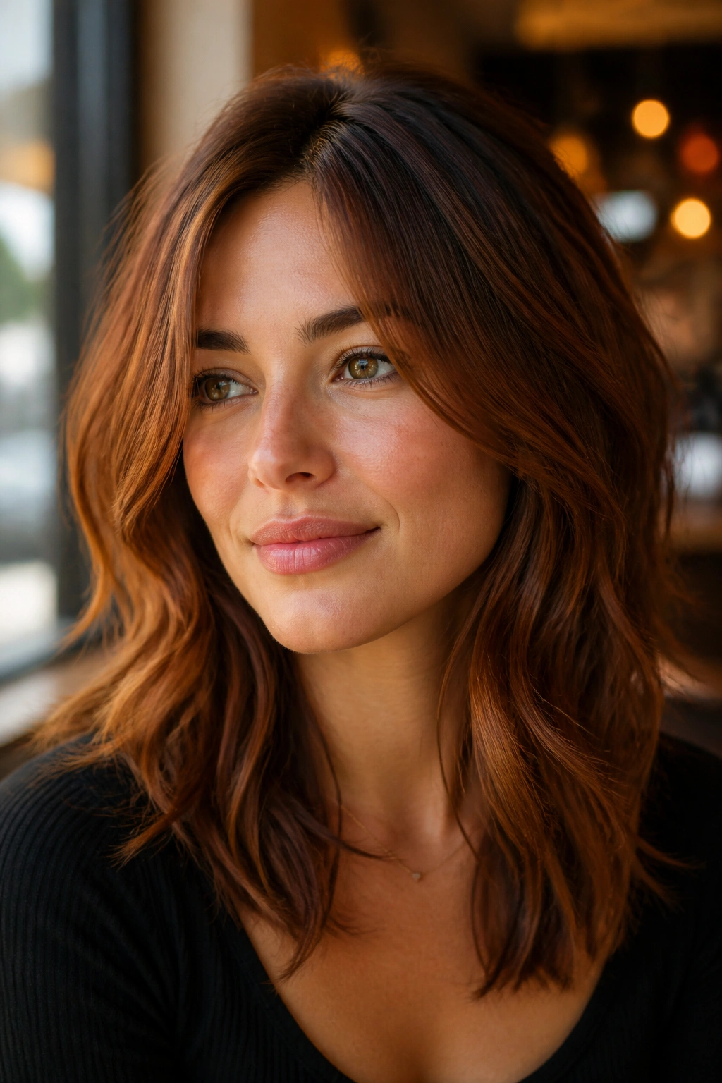Close-up of a real woman with cinnamon brown hair in layered medium-length style