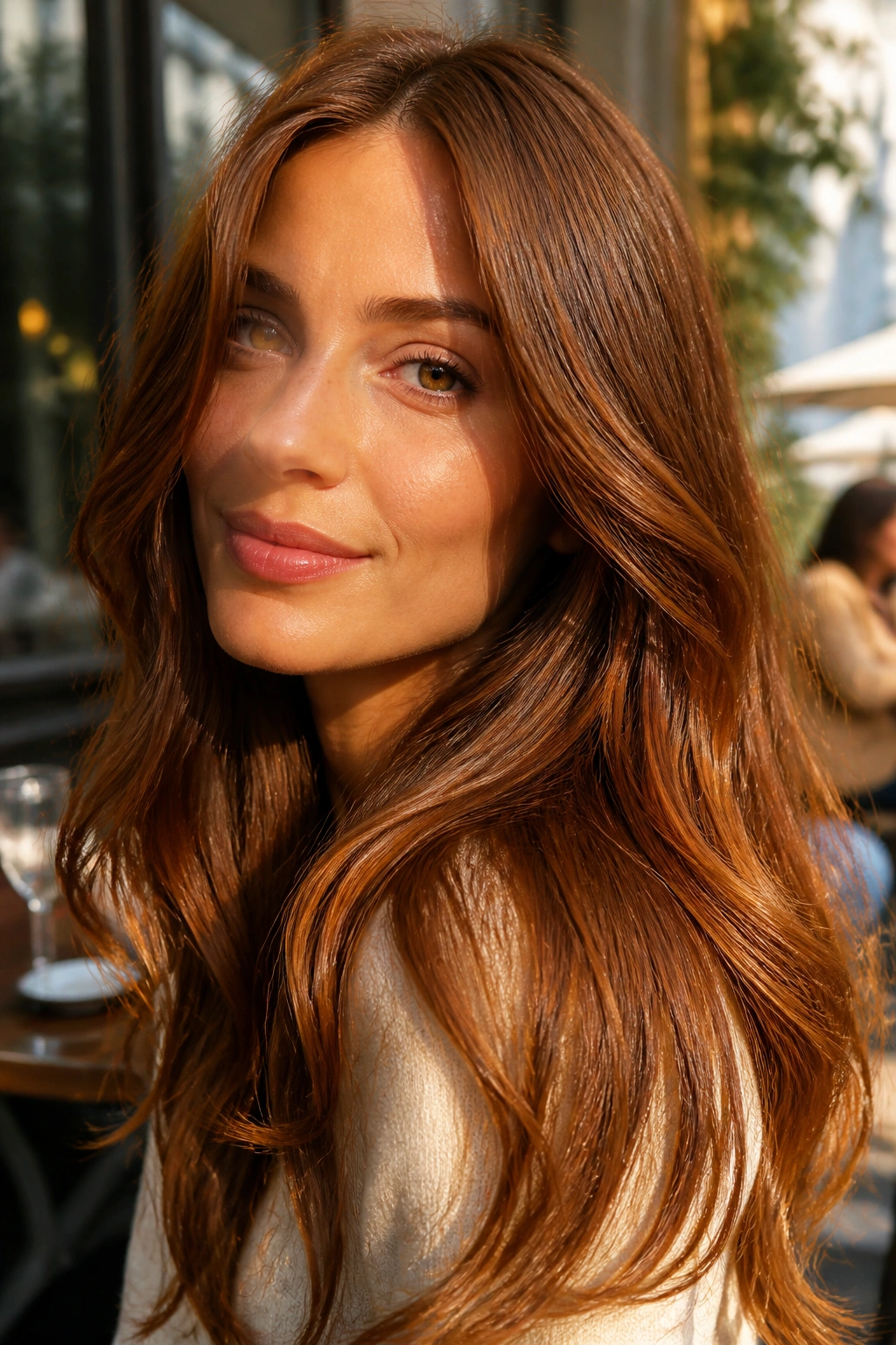 Close-up of cinnamon brown hair with copper-gold glaze in natural sunlight