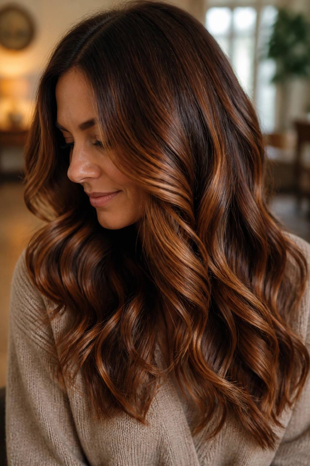 Portrait of brunette with cinnamon brunette balayage and warm, soft curls