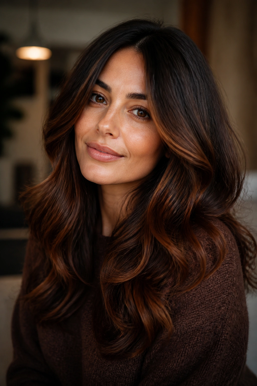 Close-up of a real woman with cinnamon brunette hair and copper reflections