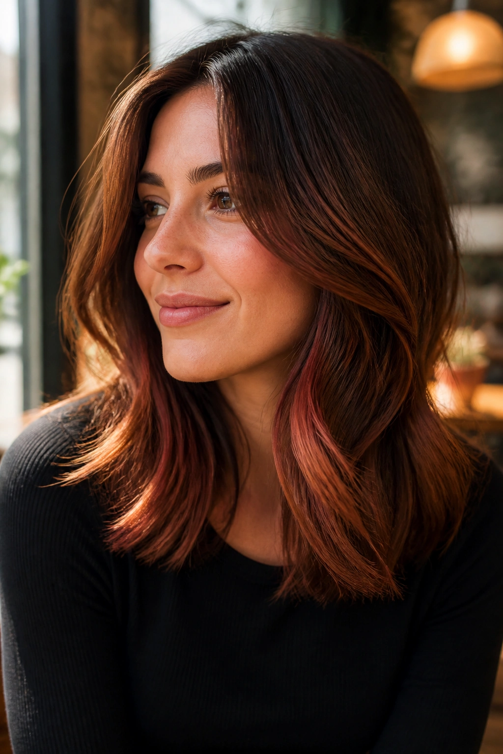 Close-up of a woman with cinnamon brunette hair and copper gloss on layered lob.