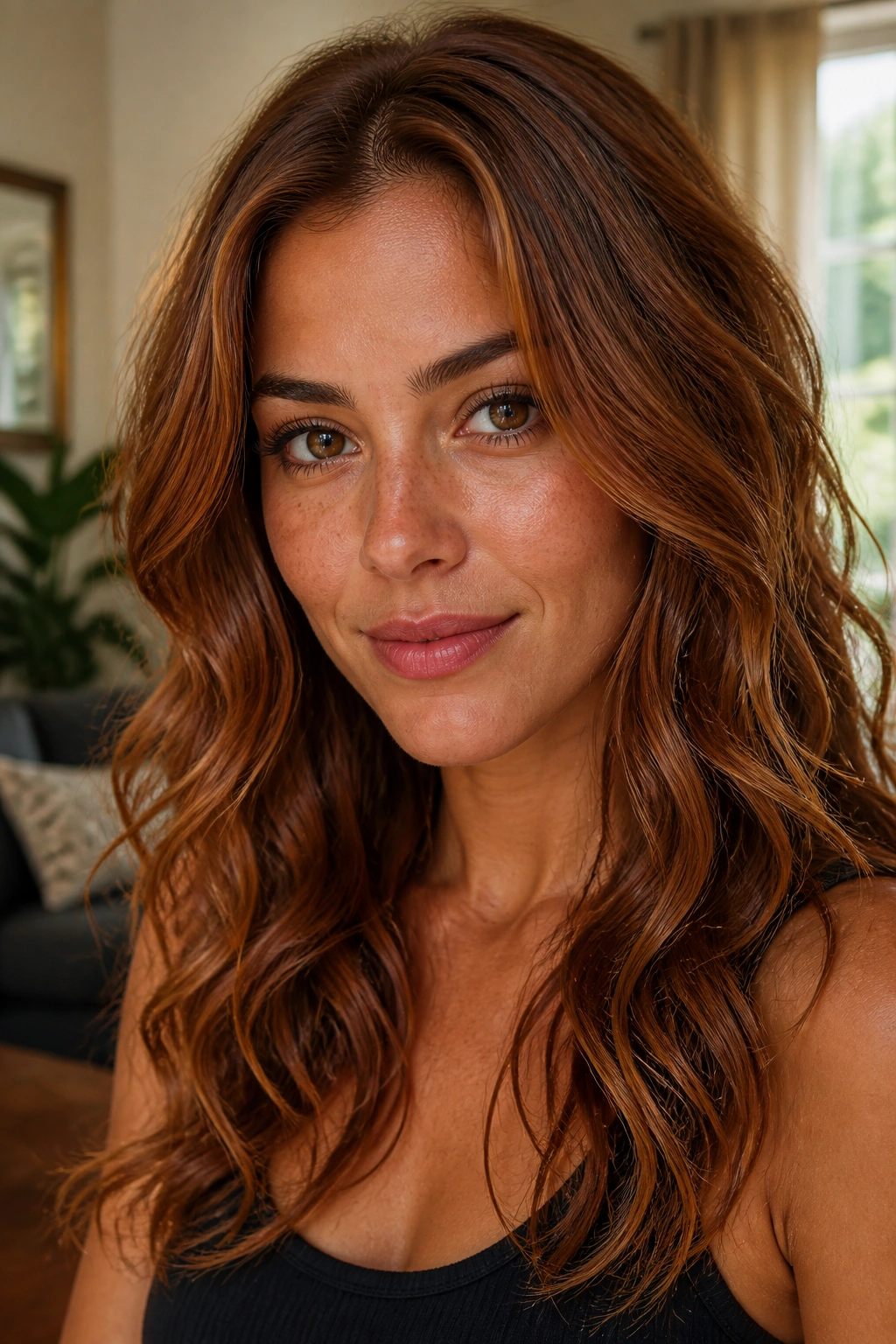 Close-up portrait of a woman with cinnamon brunette hair in soft curls by a warm window.