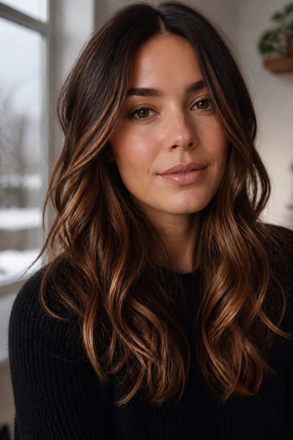 Close-up cinnamon brunette hair with warm glaze