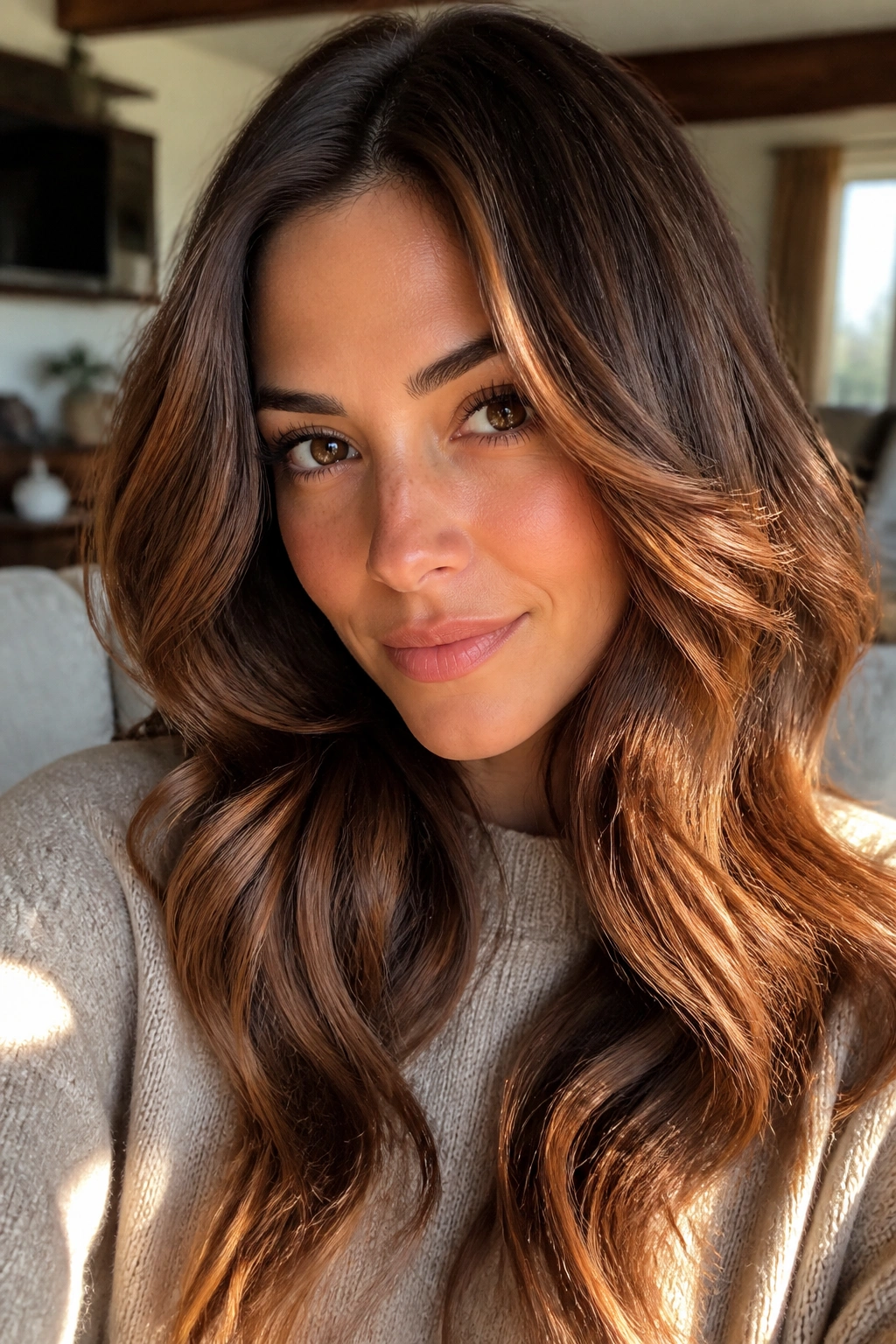 Close-up portrait of a real woman with cinnamon brunette hair in warm window light