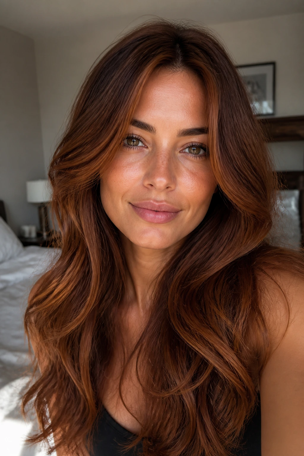 Close-up of a woman with warm cinnamon brunette hair and loose waves