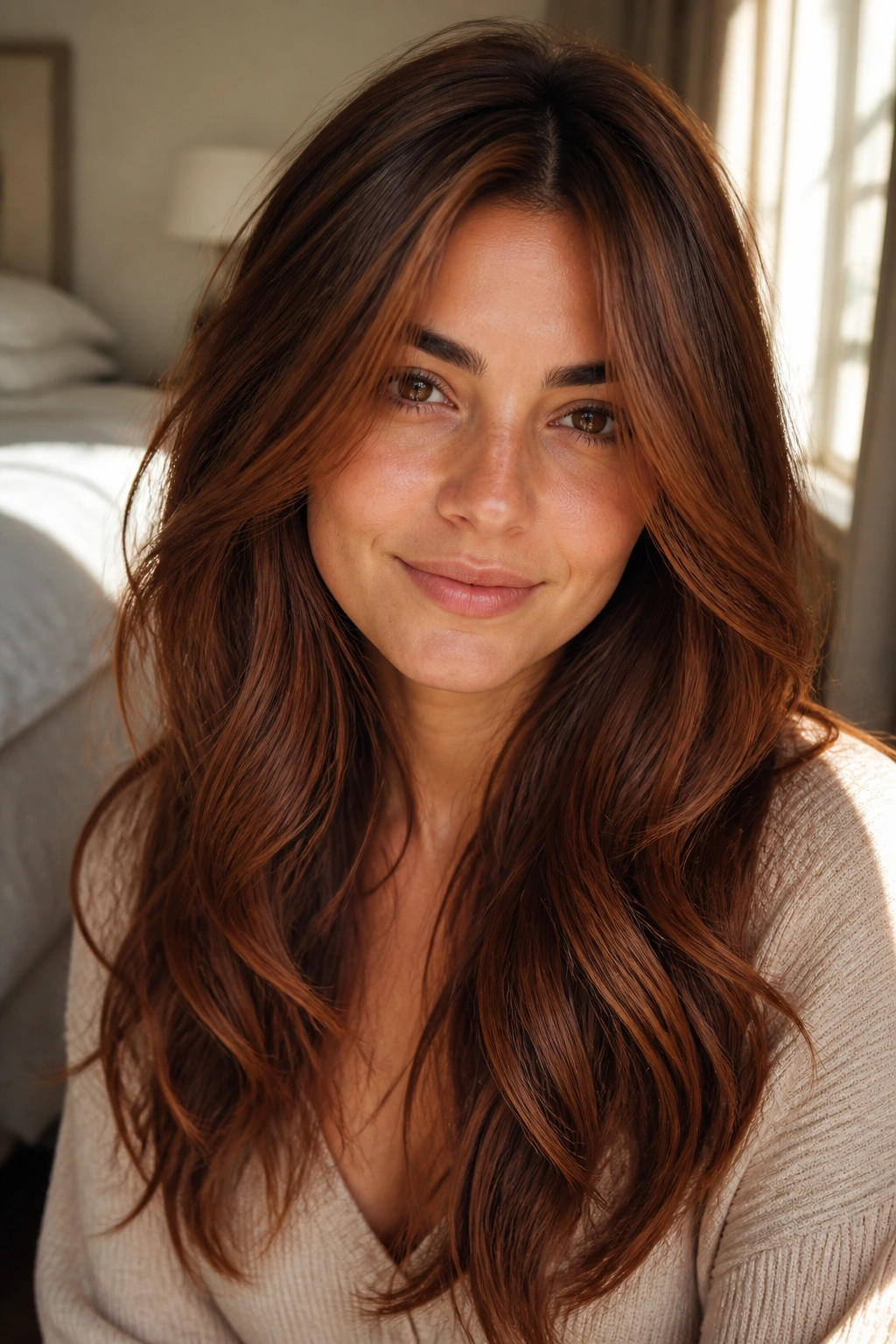 Close-up portrait of a real woman with cinnamon brunette hair showing warm dimension and layered waves.