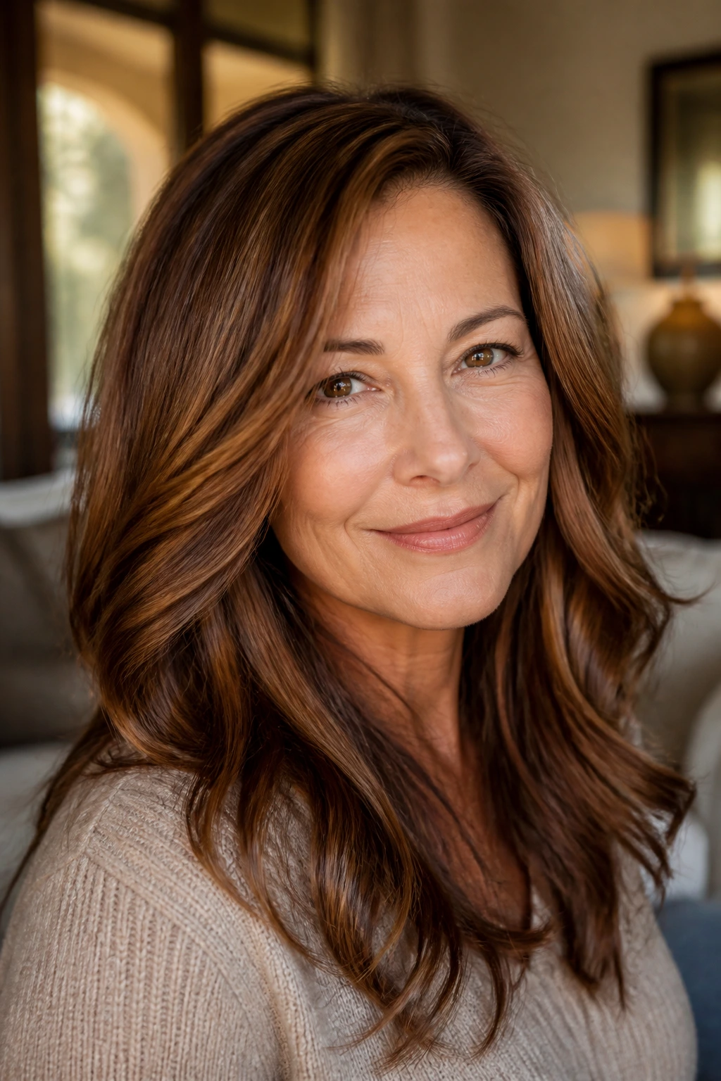 Close-up portrait of a woman with cinnamon brunette and warm glaze in warm indoor light.