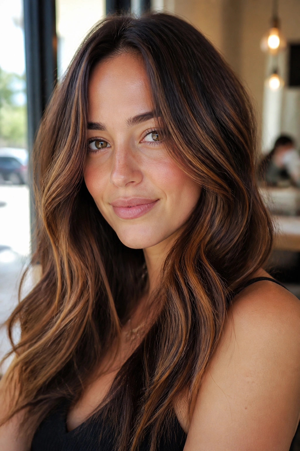 Close-up of brunette with cinnamon-caramel ribbon highlights.