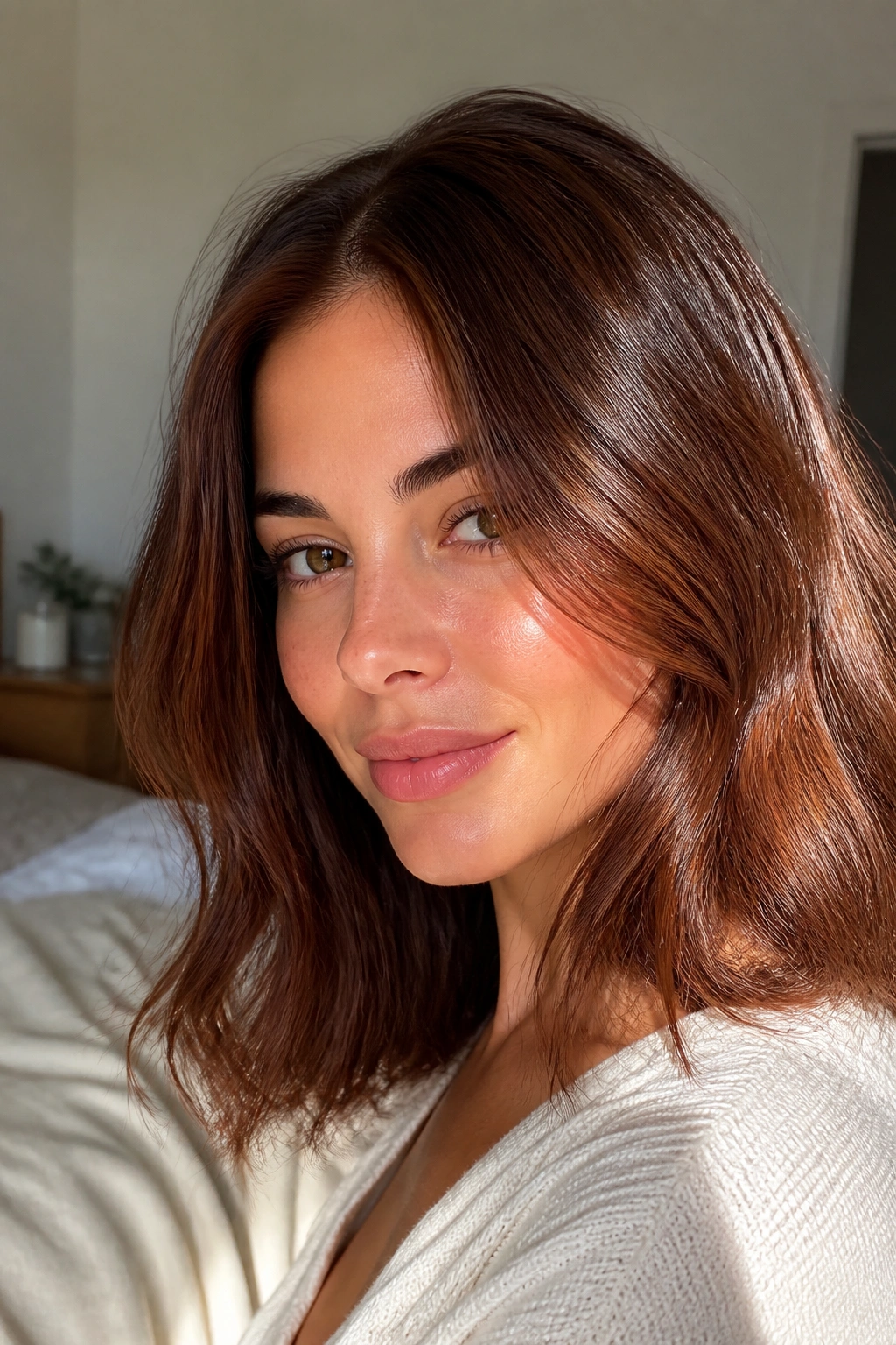 Close-up portrait of a woman with cinnamon chestnut hair by a sunlit window