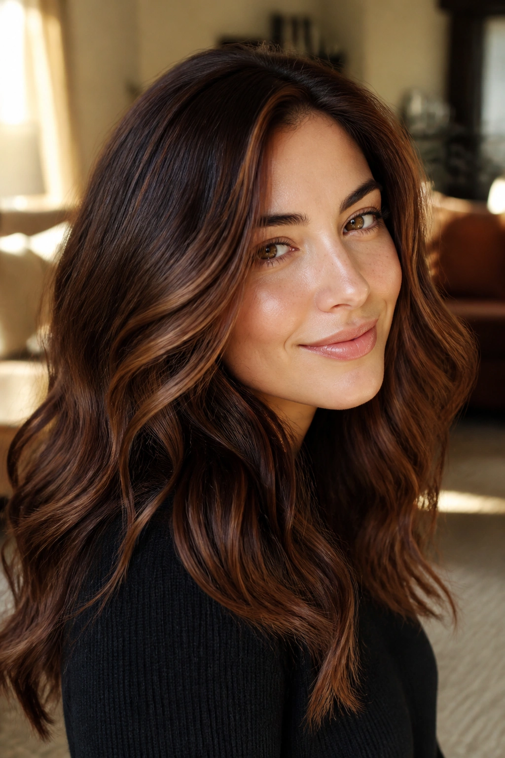 Close-up of a real person with Cinnamon Cocoa hair color showing deep cocoa base with cinnamon highlights.