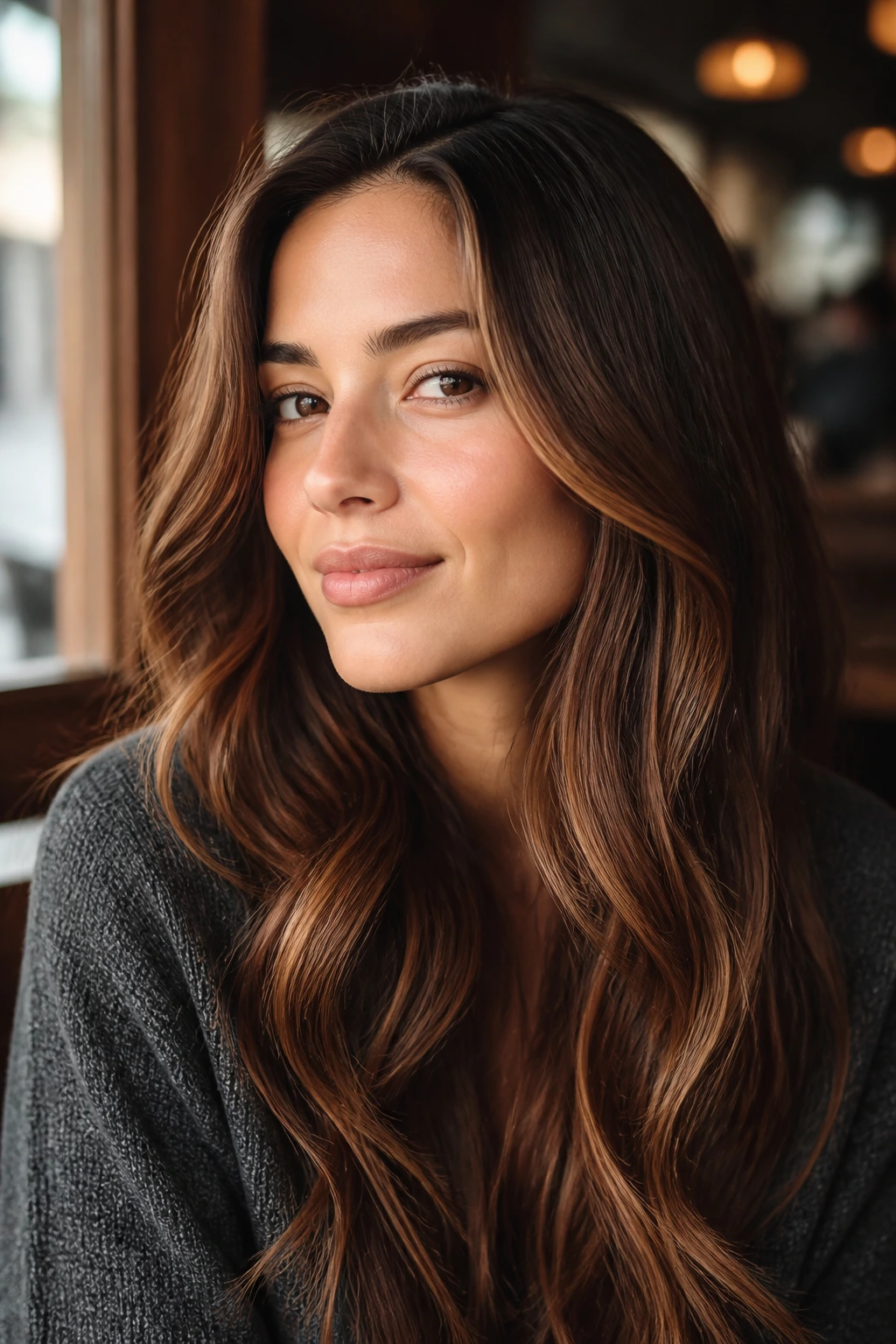 Close-up of a woman with cinnamon contour highlights framing the face