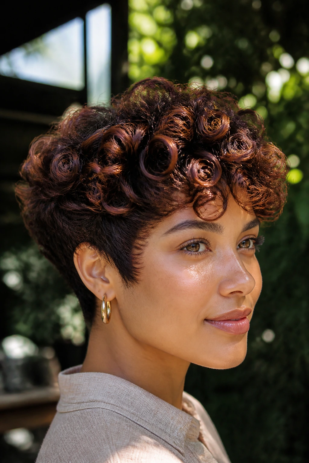 Close-up portrait of a real woman with cinnamon copper balayage on a curly crop
