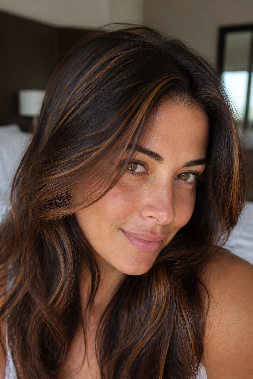 Close-up of brunette hair with cinnamon copper streaks around the front and crown
