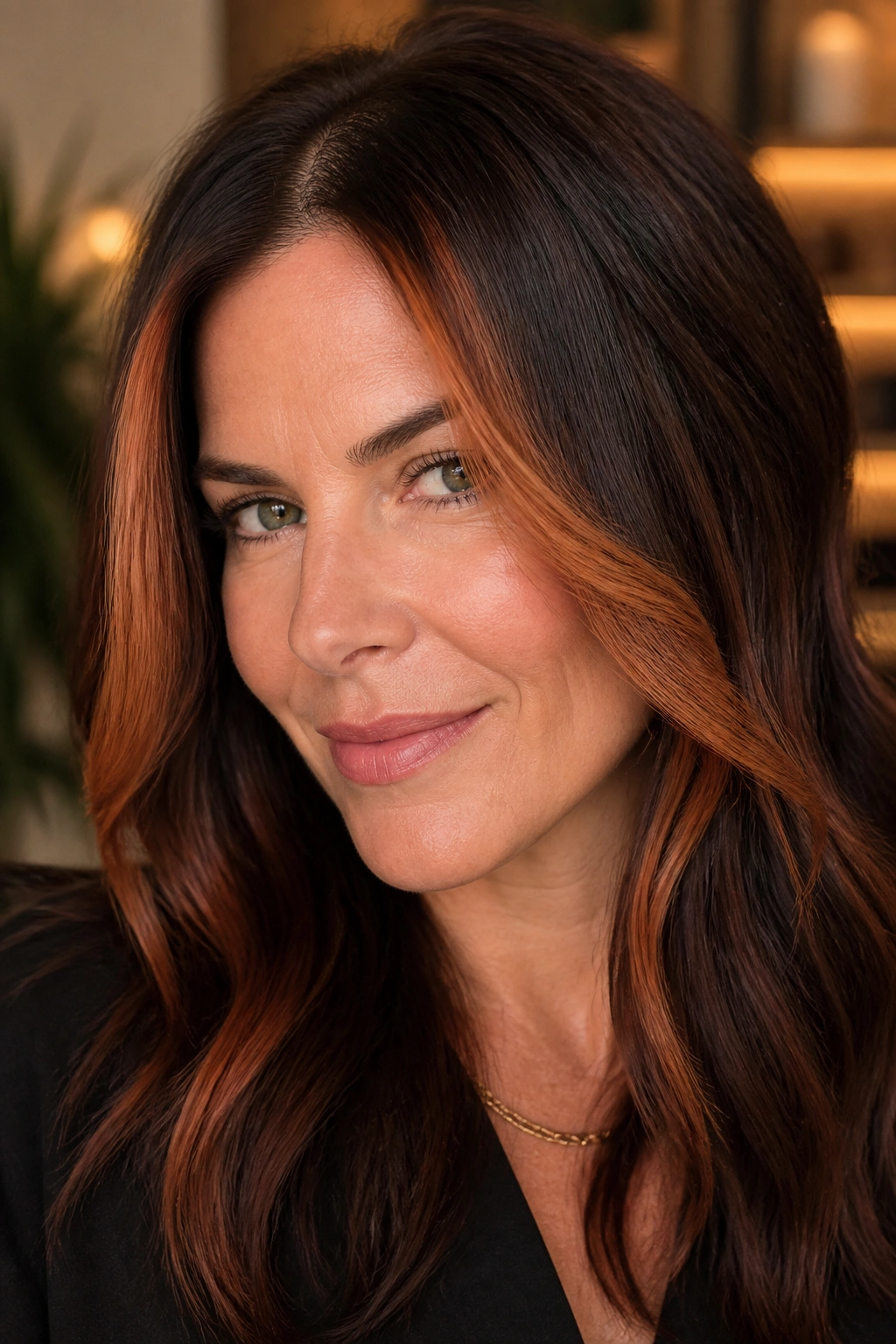 Portrait of a woman showing cinnamon copper face framing around the cheeks