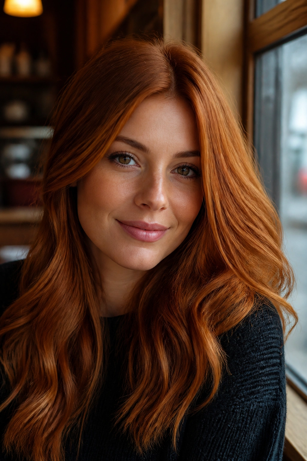 Close-up portrait of a person with cinnamon copper hair showing brown-red base