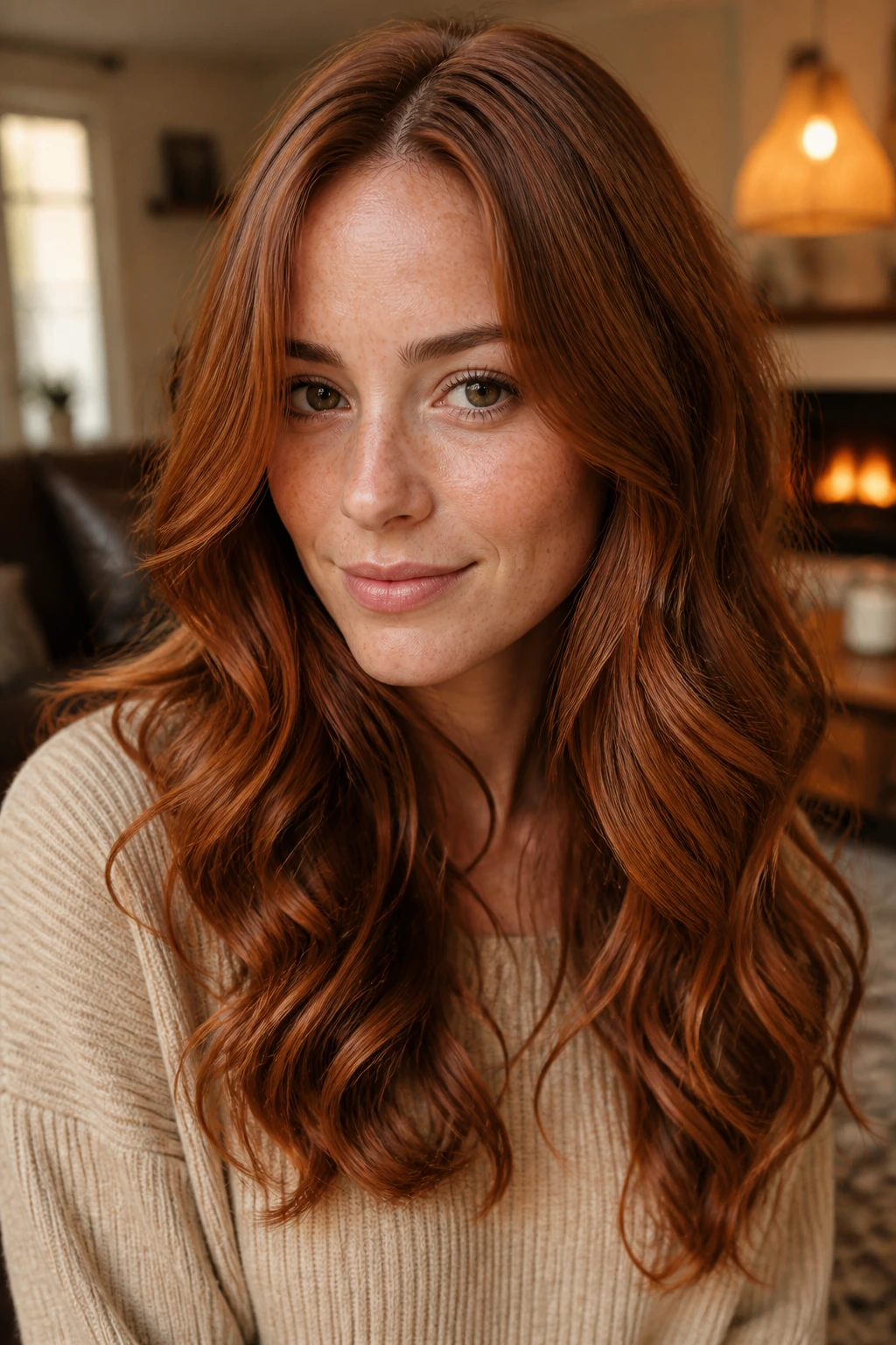Close-up of a real woman wearing cinnamon copper with textured waves in warm light