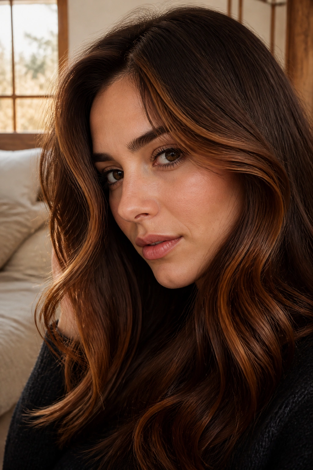 Close-up portrait of a real woman with cinnamon copper pieces in brown hair at the crown, warm window light