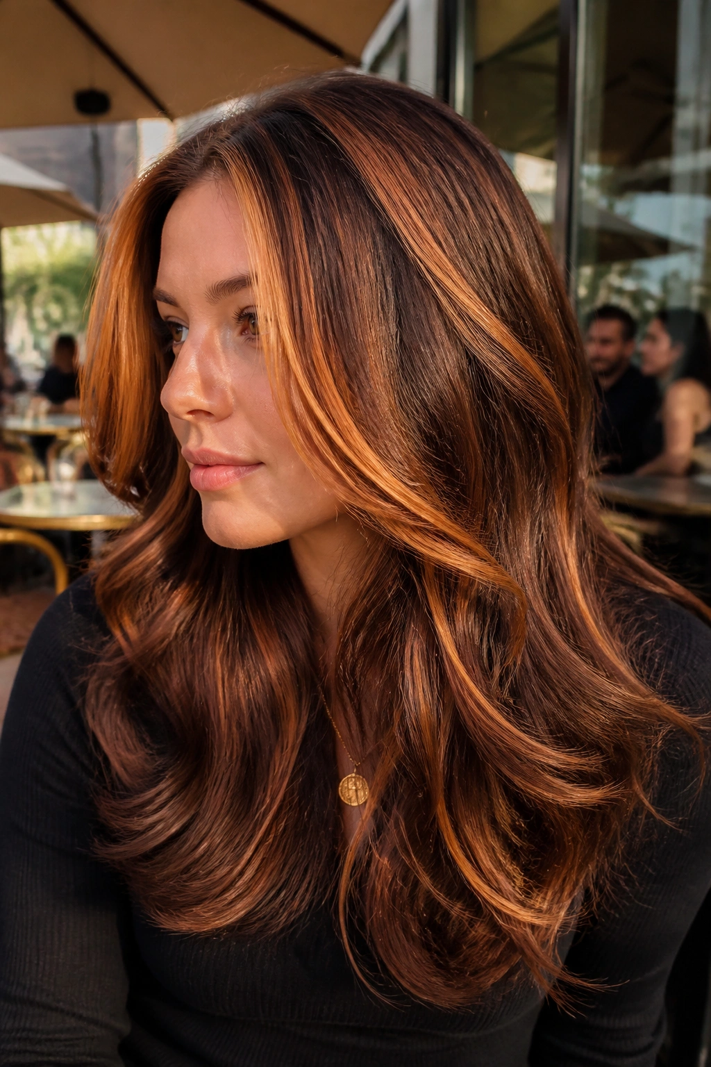 Close-up of a real person with cinnamon and copper panels on brunette hair
