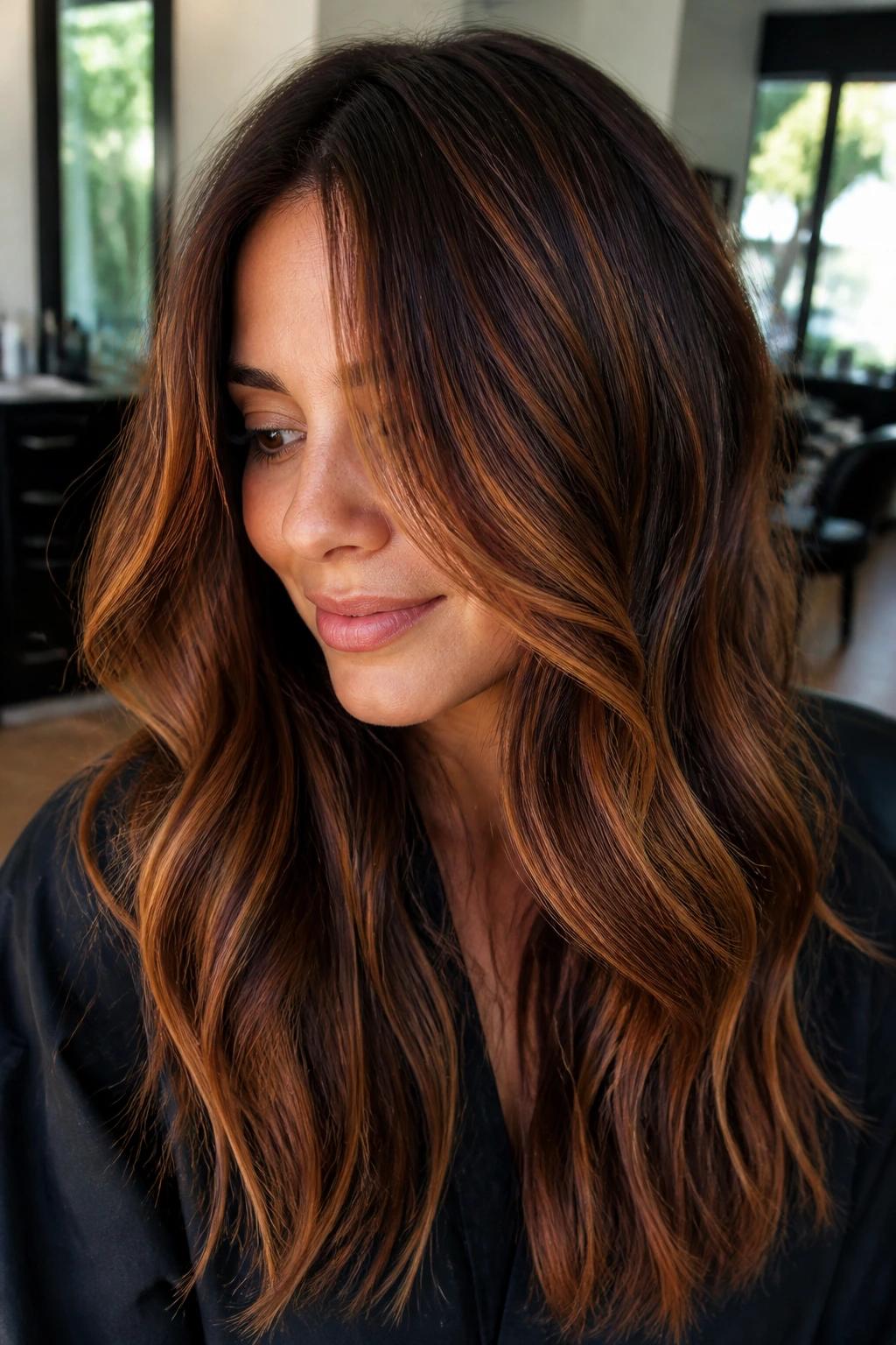 Close-up of a real woman with brunette hair featuring cinnamon copper ribbons, warm glow