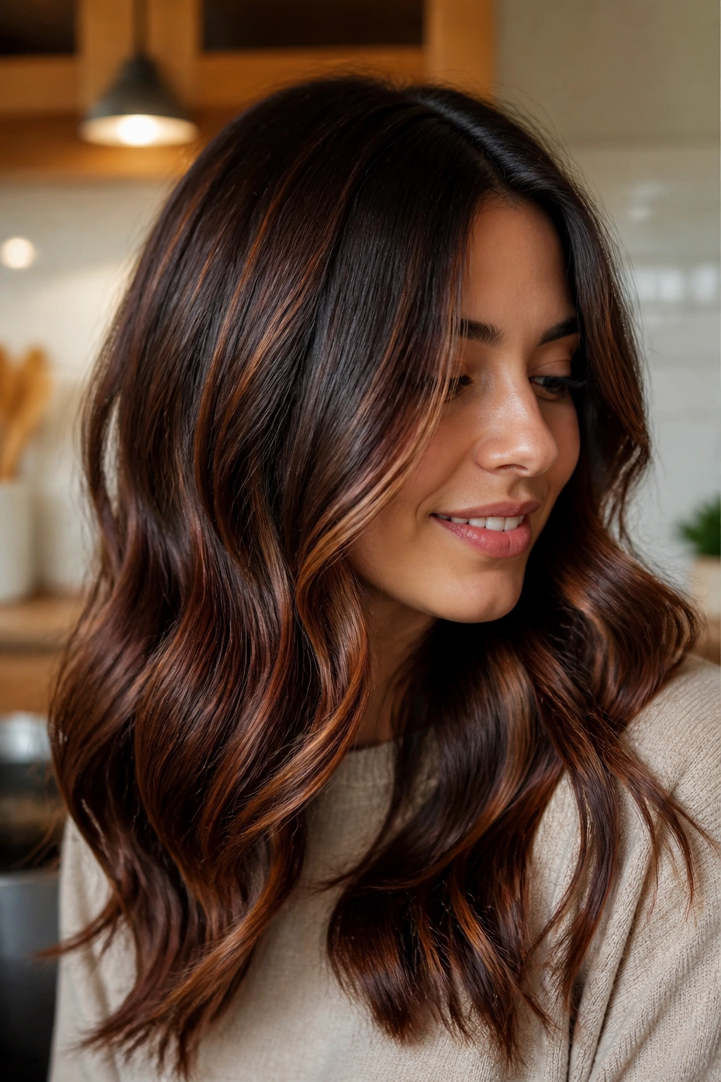 Cinnamon foil highlights on mocha hair close-up portrait