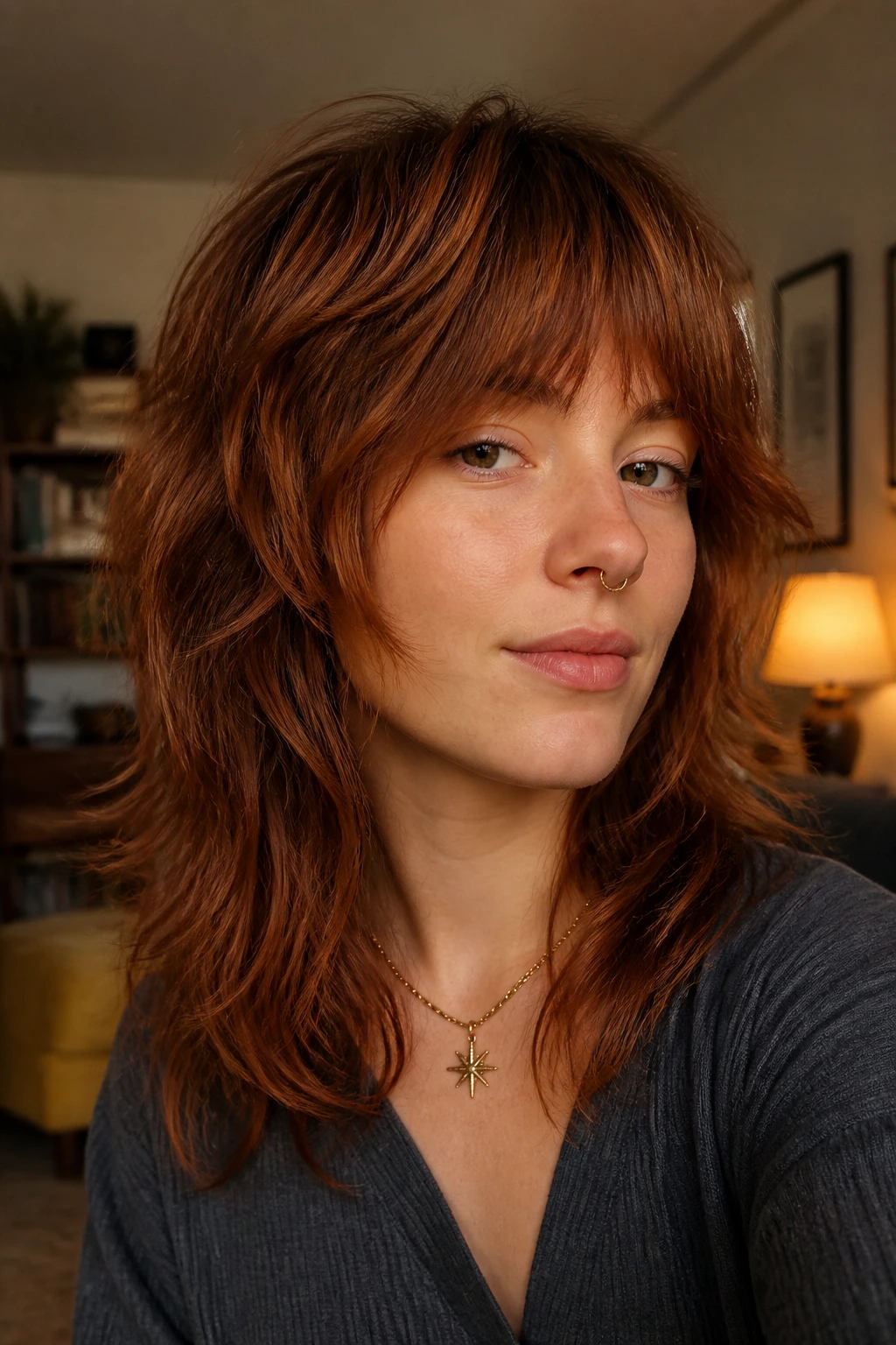 Close-up portrait of a real person with cinnamon ginger wolf cut