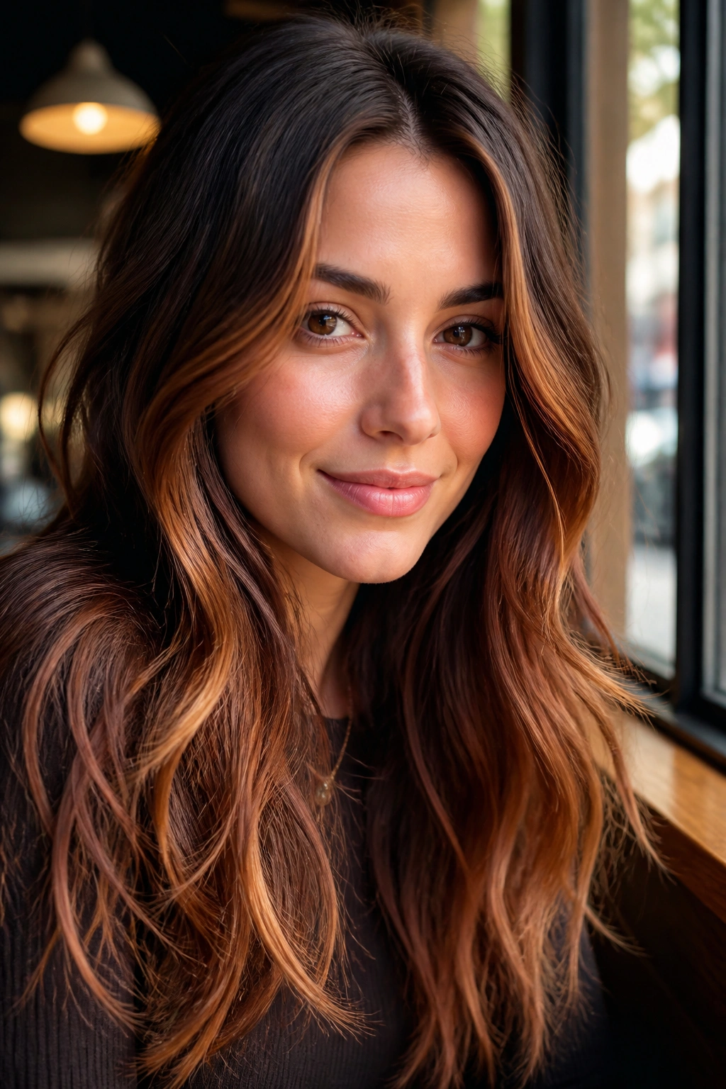 Portrait of a woman with cinnamon-toned highlights around the front of her hair in a sunlit cafe