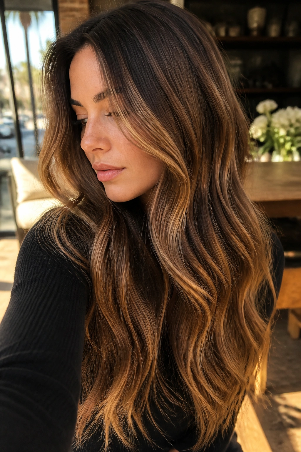 Close-up of real woman with cinnamon lowlights and honey ribbons in long hair