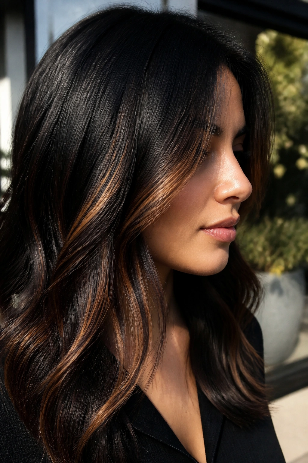 Close-up of a real woman with cinnamon lights on black hair around the face.