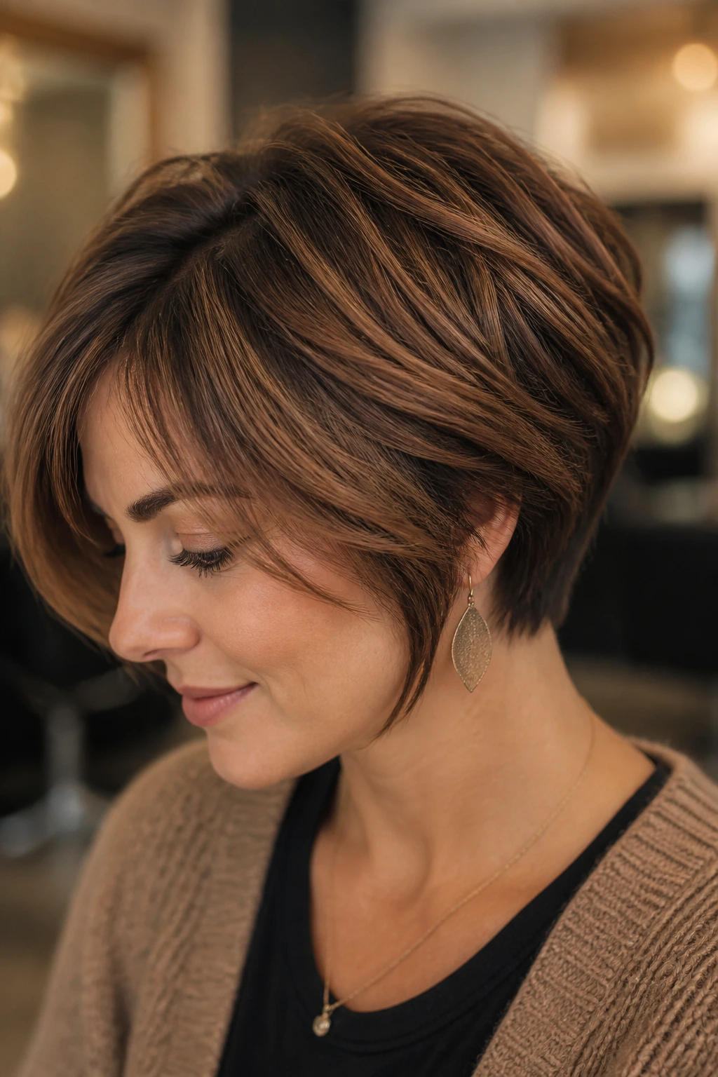 Close-up of short hair with cinnamon lowlights adding depth on a real person
