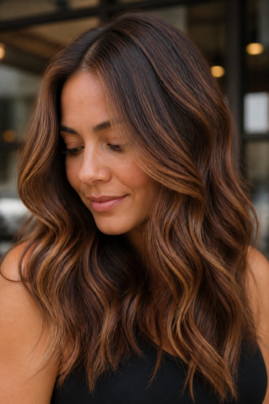 Close-up portrait of a real woman with cinnamon mocha balayage showing warm cinnamon ribbons.