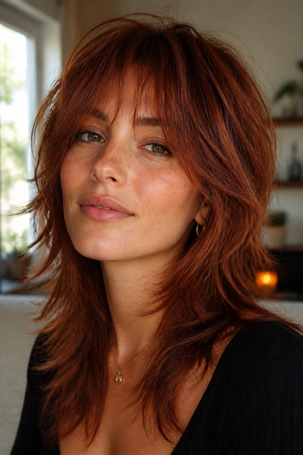 Close-up portrait of a real person with cinnamon red wolf cut and warm undertones