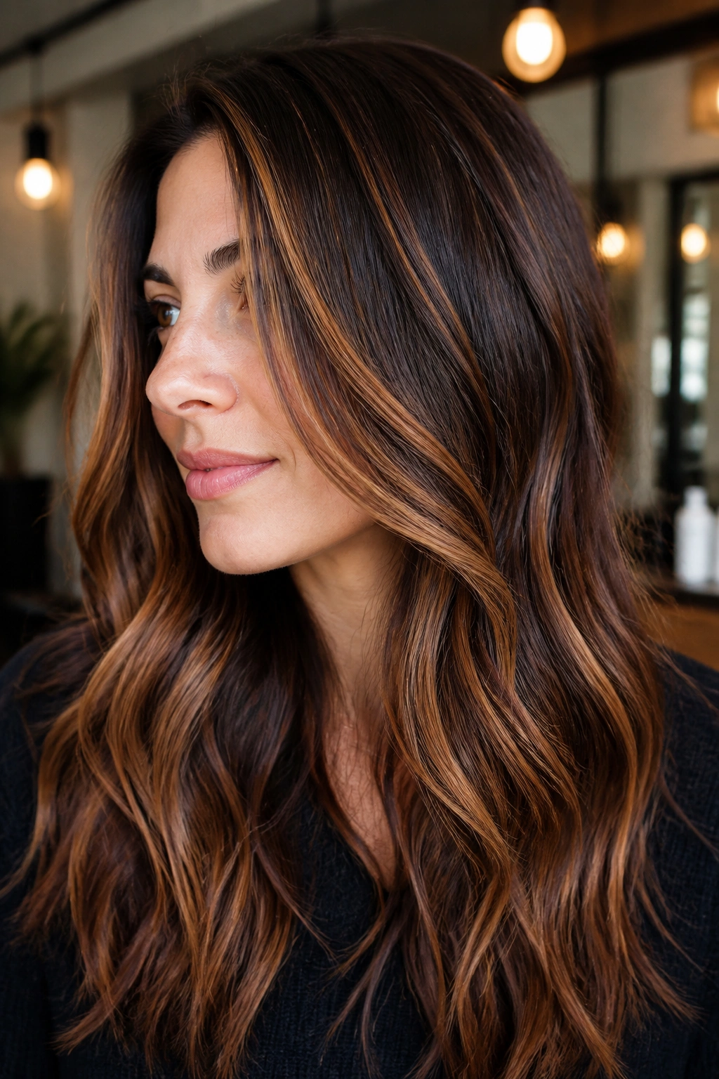 Close-up of brunette hair with cinnamon ribbon highlights catching warm salon light