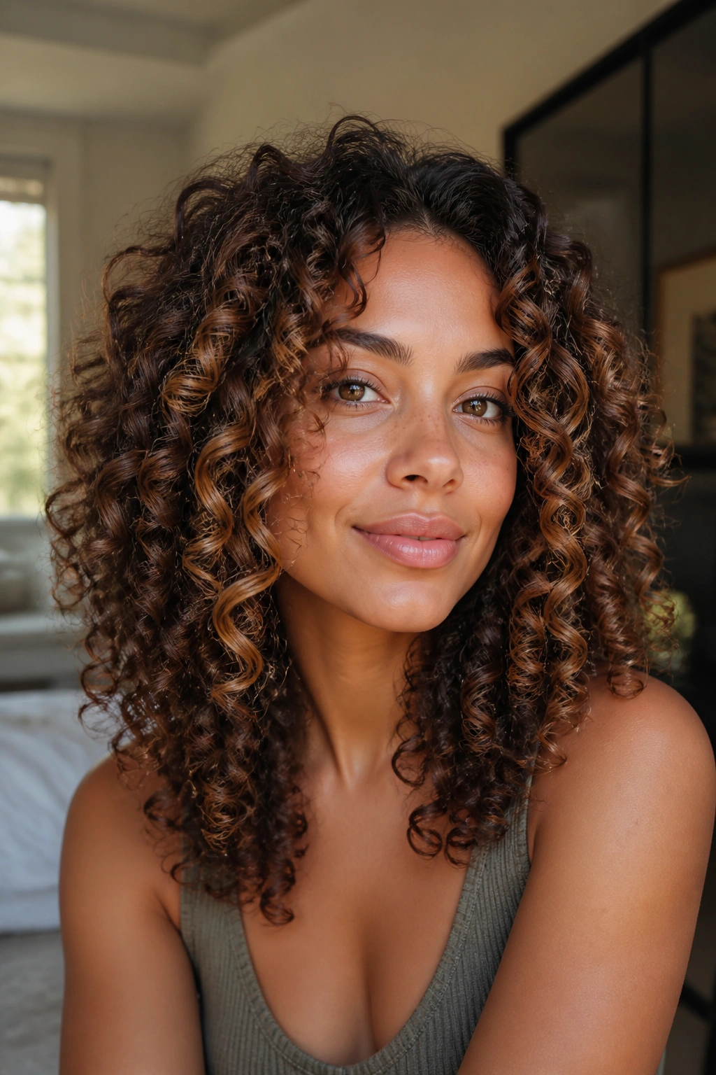 Close-up of a real woman with cinnamon ribbon highlights in medium brown spirals framing the face