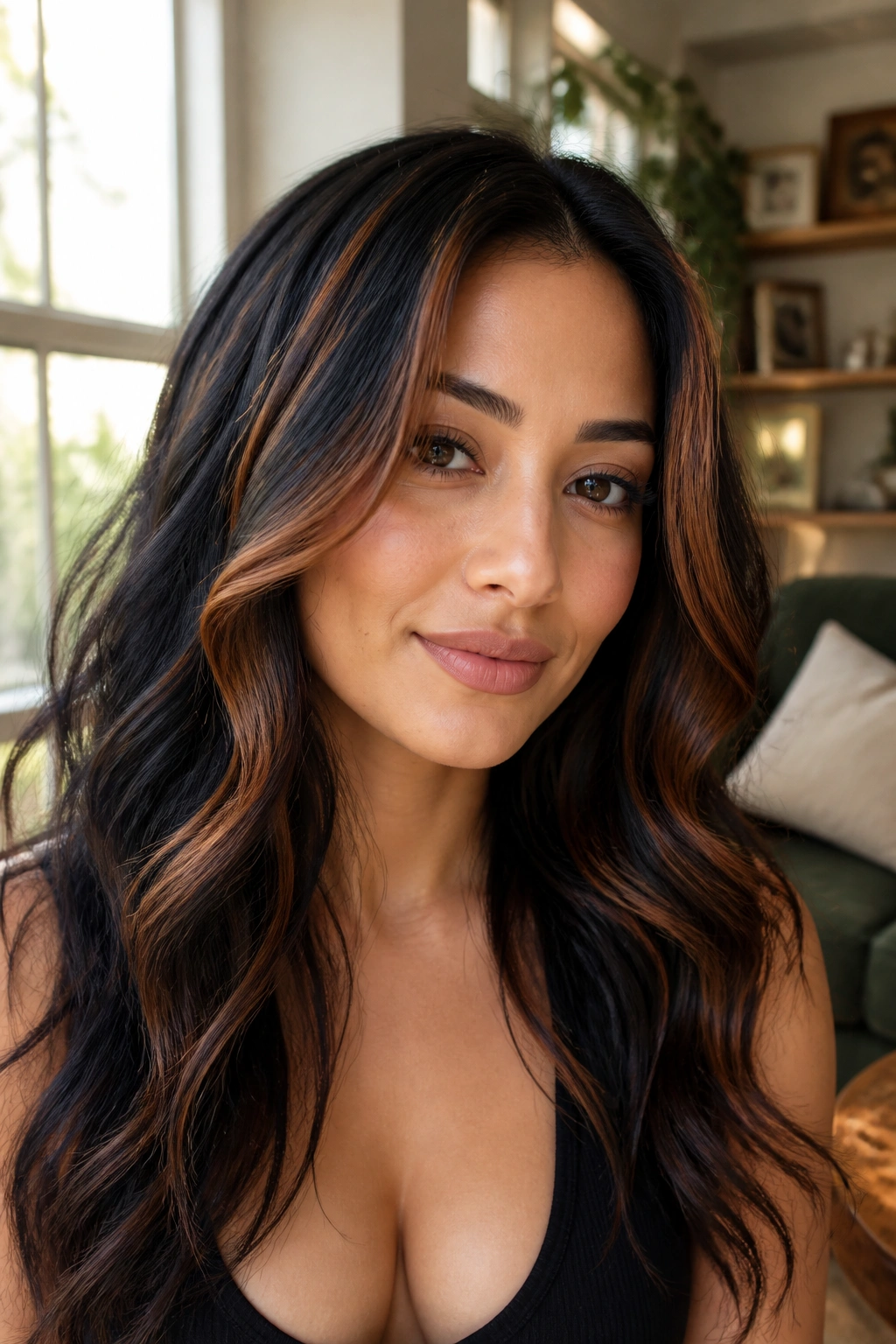 Close-up portrait of cinnamon ribbons in black hair with warm light