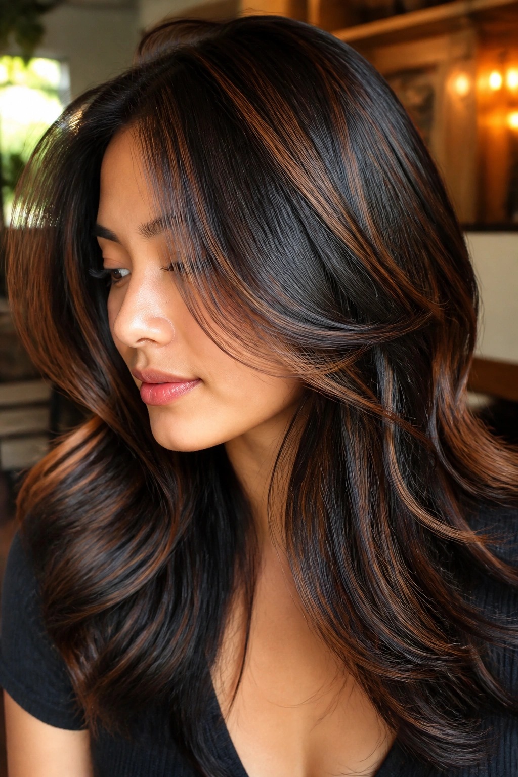 Close-up of a real person with cinnamon ribbons in shiny black hair around the face.