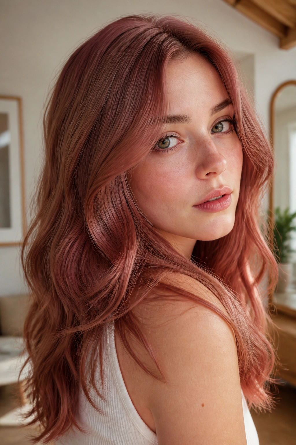 Close-up portrait of a person with Cinnamon Rose hair in a softly lit living room