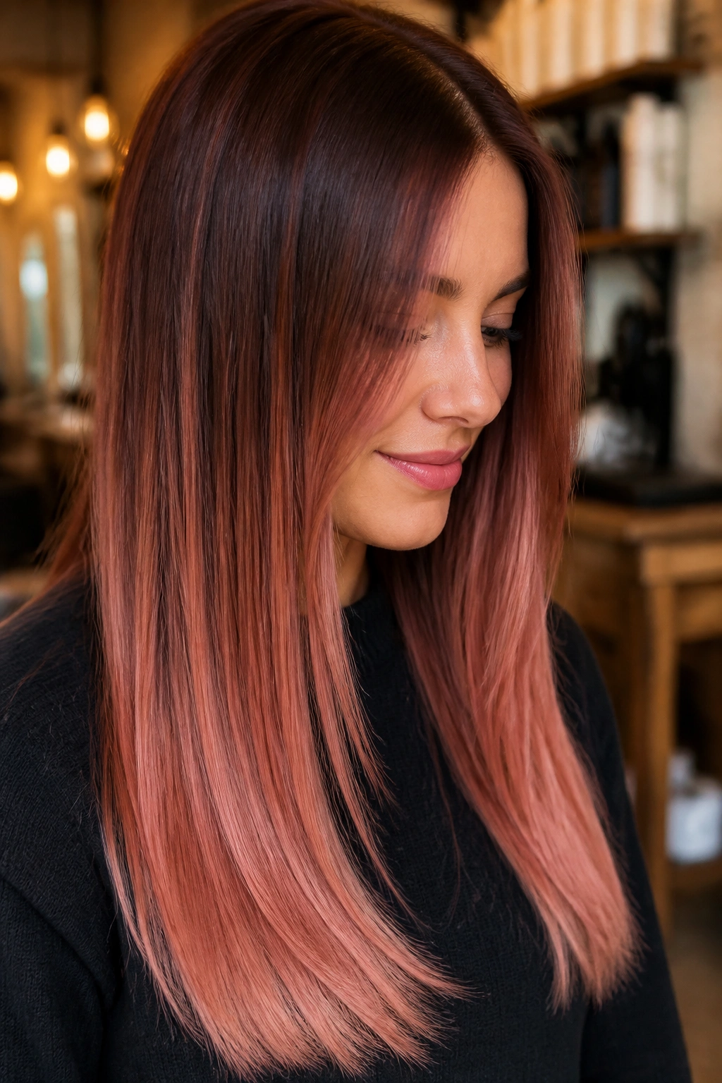 Close-up portrait of a real woman with cinnamon rose ombre on straight hair.