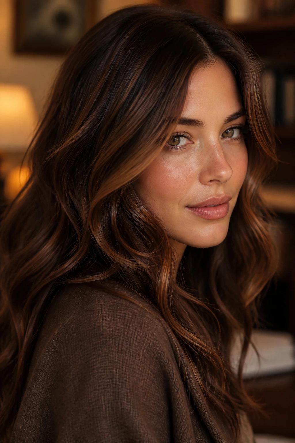 Close-up of real woman with cinnamon spice babylights in warm lighting