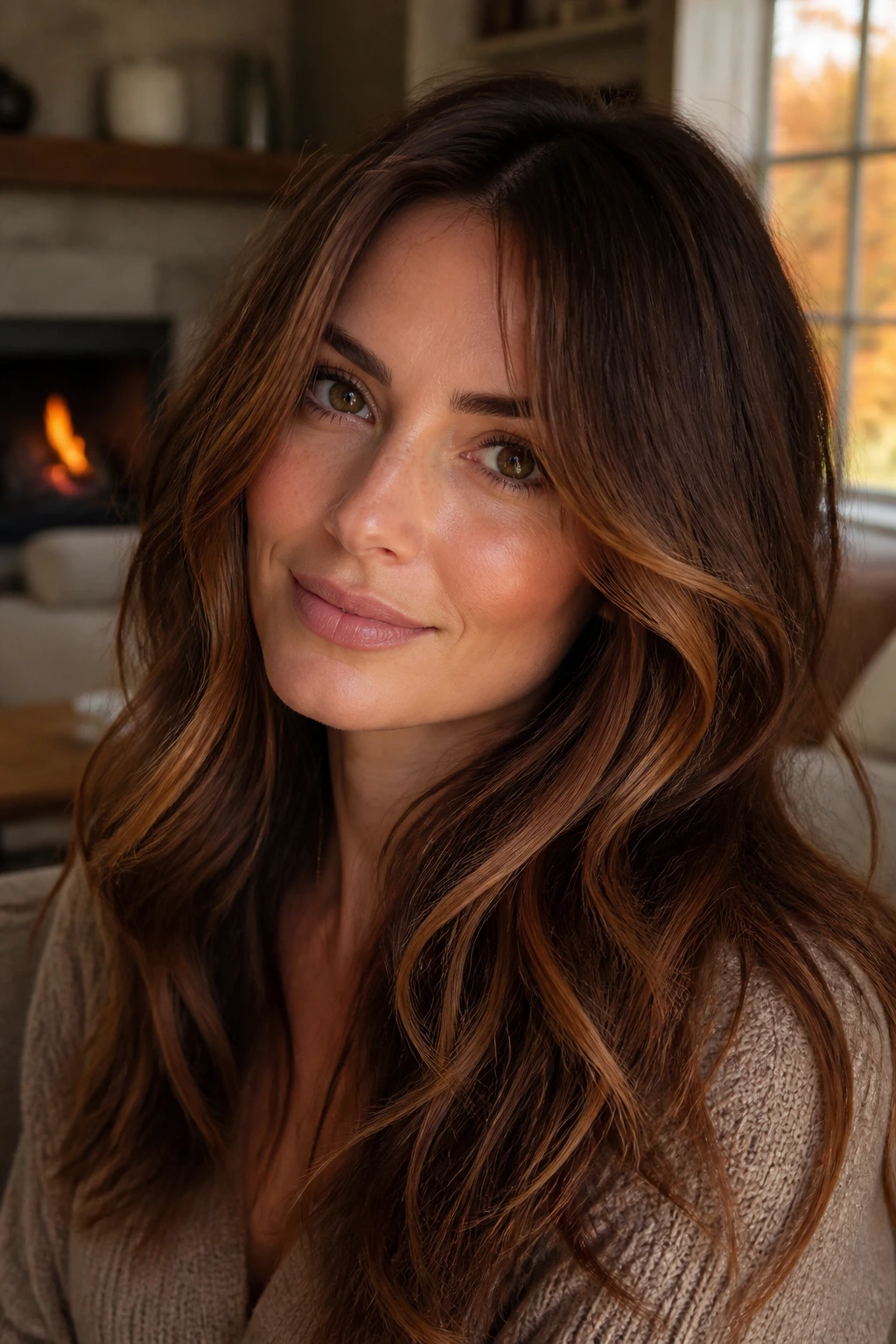 Close-up of cinnamon spice brown hair on a real woman with warm highlights