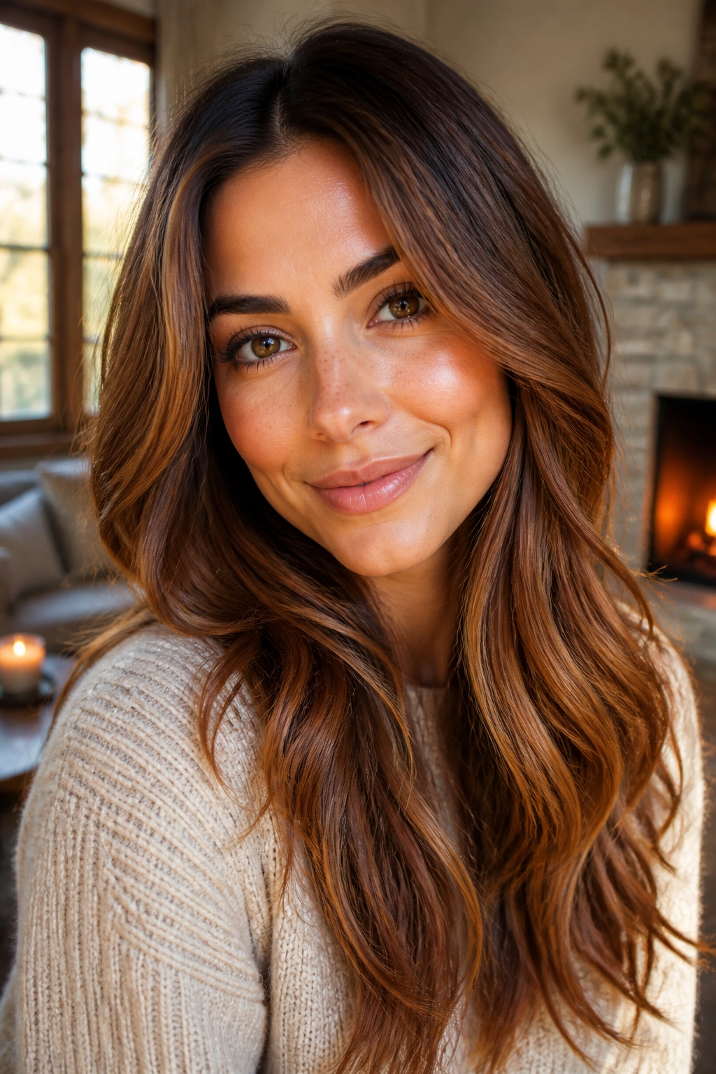 Close-up of a real woman with cinnamon-spice brunette hair and warm mid-lengths