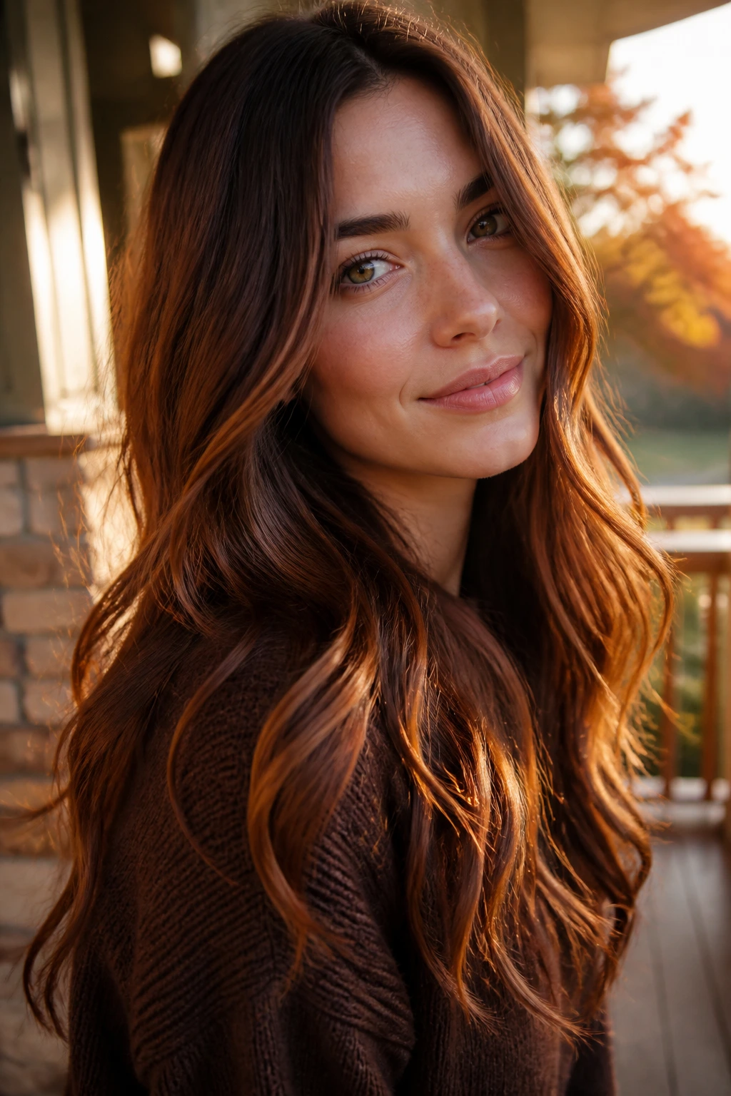 Close-up of real woman with cinnamon spice highlights in long brown hair